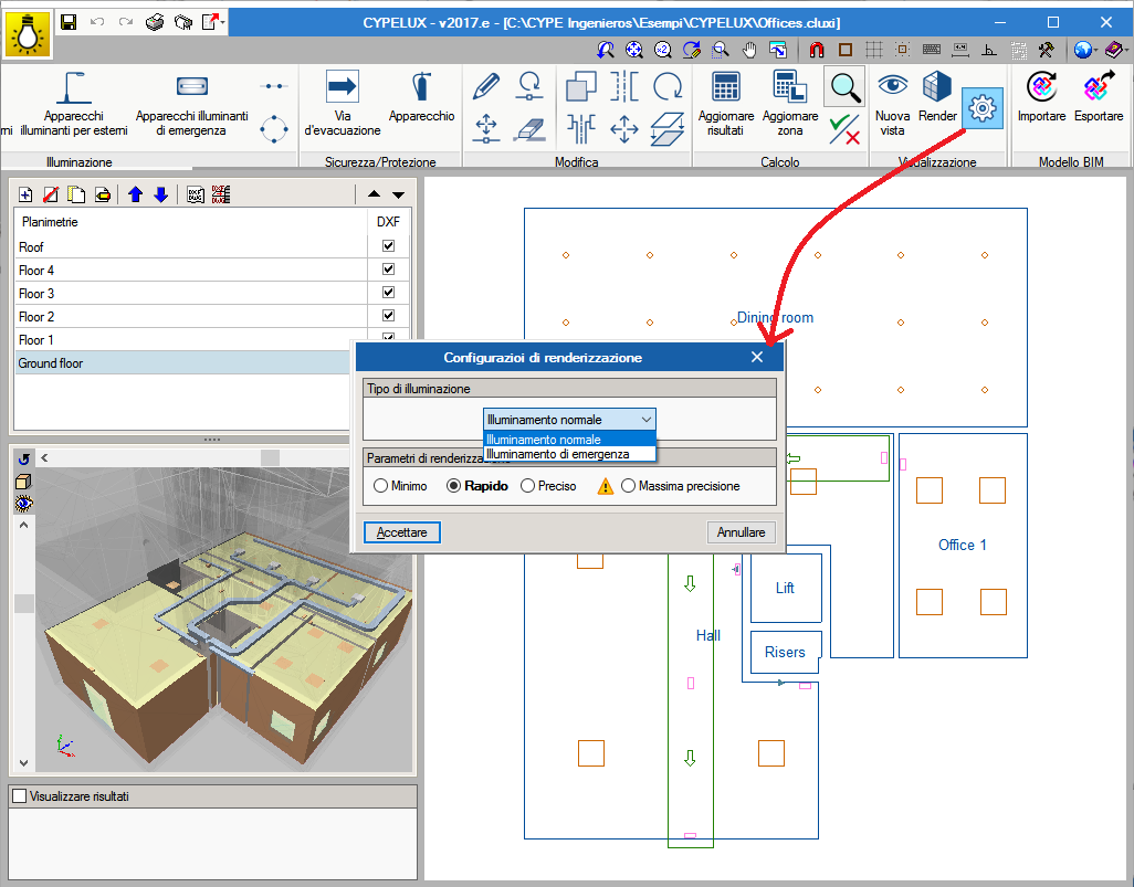 CYPELUX. Configurazione di renderizzazione