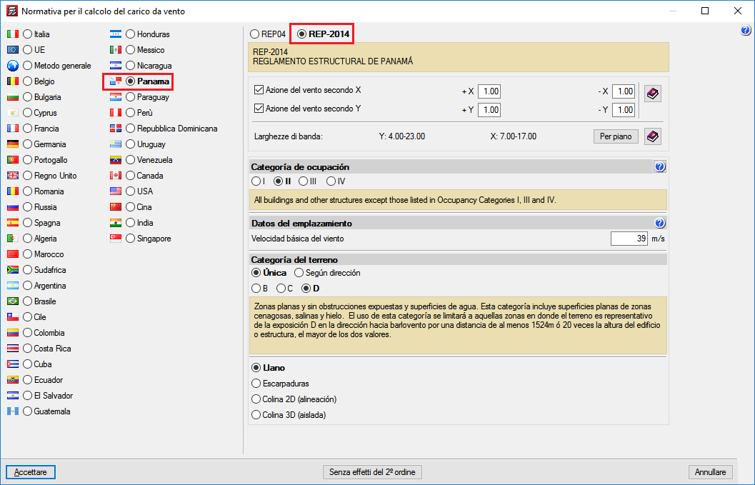 Azioni sulla struttura. Vento. REP-2014 (Panama)
