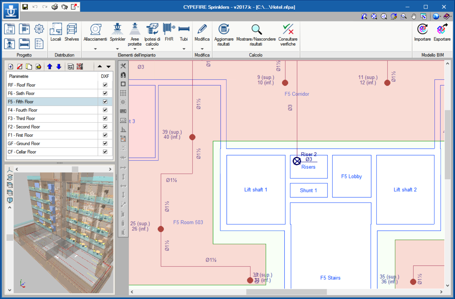 CYPEFIRE Sprinklers. Geometria 3D. Colonne montanti.