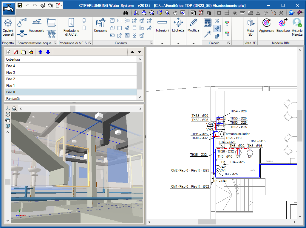 CYPEPLUMBING Water Systems. Generazione di dislivelli nella vista 3D