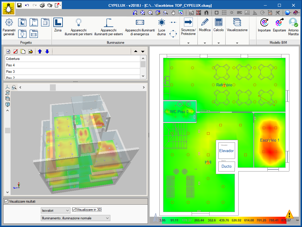 CYPELUX e CYPELUX LEED. Diagrammi di isovalori nella vista 3D del programma